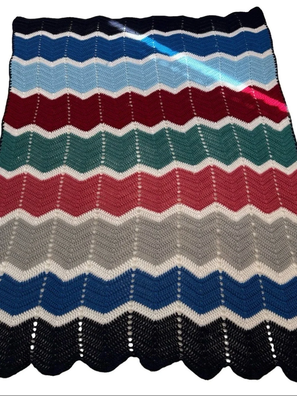 Vintage Handmade Crochet Chevron Zigzag Ripple Afghan Throw Blanket 53x72 Boho